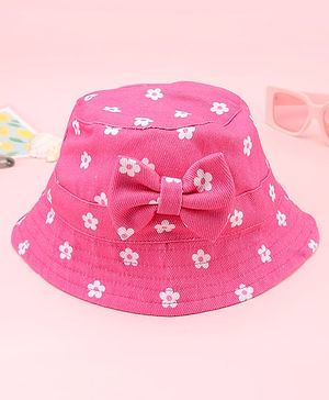 Babyhug Twill Woven Floral Printed Bucket Cap With Bow Applique Dark Pink - Diameter 16 cm