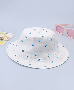 Babyhug Twill Woven Nautical Theme Printed Bucket Cap White - Diameter 17 cm