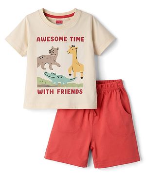 Babyhug Single Jersey Knit Half Sleeves T-Shirt & Shorts Set with Animal Print - Beige & Red
