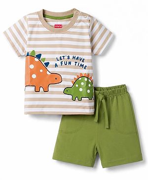 Babyhug 100% Cotton Knit Half Sleeves Striped & Dino Printed T-Shirt & Shorts Set - Multicolor