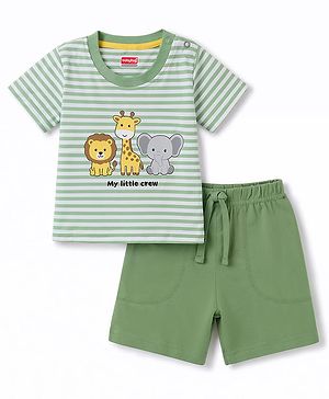 Babyhug 100% Cotton Knit Half Sleeves Striped & Animal Printed T-Shirt & Shorts Set - Green