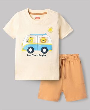 Babyhug Single Jersey Knit Half Sleeves T-Shirt & Shorts Set With Van & Animal Print - Brown