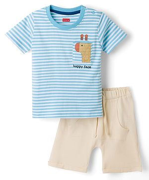 Babyhug 100% Cotton Knit Half Sleeves Animal & Striped T-Shirt & Shorts Set - Light Blue