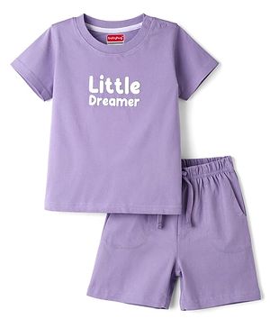 Babyhug Single Jersey Knit Half Sleeves T-Shirt & Shorts Set with Little Dreamer Print - Purple