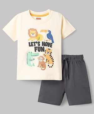 Babyhug Single Jersey Knit Half Sleeves T-Shirt & Shorts Set With  Animal Print - Grey