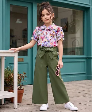 OLLINGTON ST. Woven Half Puffed
                              Sleeves Floral Printed Top & Rayon
                              Twill Culottes -Multicolour & Olive