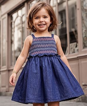 Babyhug Woven Sleeveless Solid Denim Frock With Smock Detailing - Blue