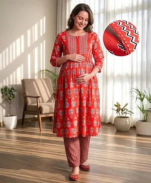 Bella Mama Woven Three Forth Sleeves
                              Printed Maternity Suit Set - Red