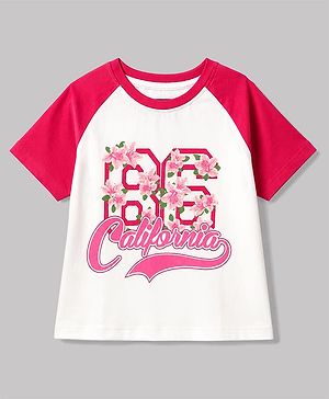 Pine Kids Cotton Knit Raglan Sleeves Oversized T-Shirt With Text & Floral Print - Multicolor