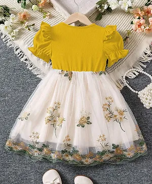 tior Woven Half Puffed Sleeves Frill
                              Detailed & Floral Embroidered Dress -
                              Yellow