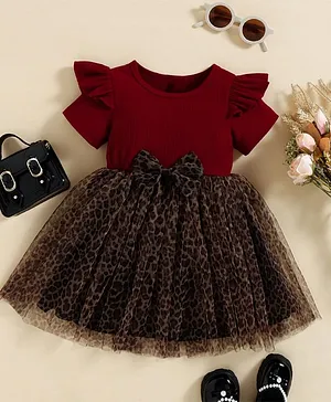 tior Mesh Woven Half Puffed Sleeves
                              Frill & Bow Applique Detailed Leopard
                              Pattern Printed Dress - Red