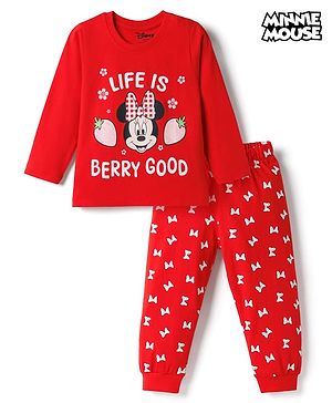 Babyhug Disney Single Jersey Knit Full Sleeves T-Shirt & Pyjama Night Suit With Minnie Mouse Graphics - Red