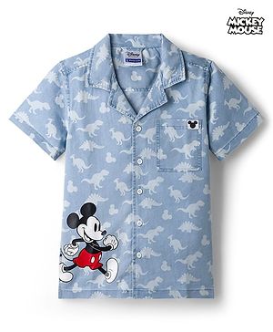 Pine Kids Disney Denim Woven Half Sleeves Shirt With MIckey Mouse Graphics & Dino Print  - Blue