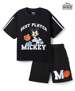 Pine Kids Disney 100% Cotton Knit Half Sleeves T-Shirt & Shorts Set With Mickey Mouse Graphic - Black
