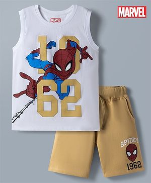 Pine Kids Marvel 100% Cotton Knit Sleeveless Tank T-Shirt & Shorts Set With Spider Man Graphic - Khaki