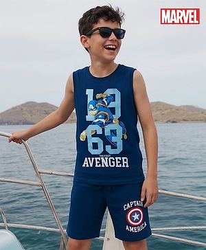 Pine Kids Marvel Single Jersey Knit Sleeveless T-Shirt & Shorts Set with Avengers Graphics - Blue