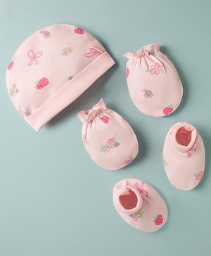 Babyhug 100% Cotton Interlock Knit Cap Mittens & Booties With Floral Bow & Strawberry Print Multicolor - Diameter 16 cm