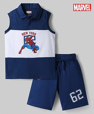 Pine Kids Marvel 100% Cotton Knit Sleeveless Tank Collar Neck T-Shirt & Shorts Set With Spider Man Graphic - Navy Blue & White