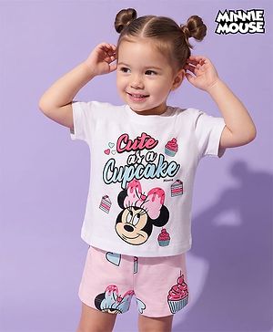 Babyhug Disney Single Jersey Knit Half Sleeves T-Shirt & Shorts Night Suit with Minnie Mouse Graphics - White
