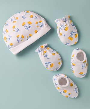Babyhug 100% Cotton Knit Floral Printed Cap Mittens & Booties Set White - Diameter 16 cm
