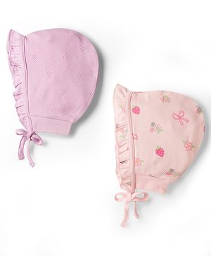 Babyhug 100% Cotton Knit Strawberry & Floral Printed Caps With Knot Pack Of 2 Multi Color - Diameter 16 cm