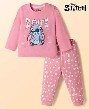 Babyhug Disney Single Jersey Knit Full Sleeves T-Shirt & Pyjama night Suit with Stitch Print - Pink