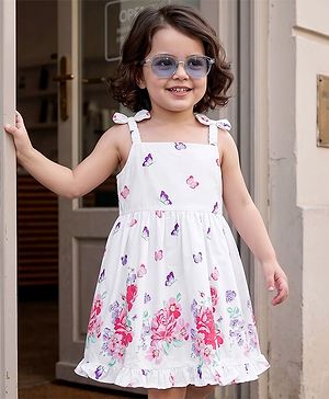Babyhug Cotton Woven One Piece Dresses/Frocks with Butterfly & Floral Print, Shoulder Straps White 12-18 Months