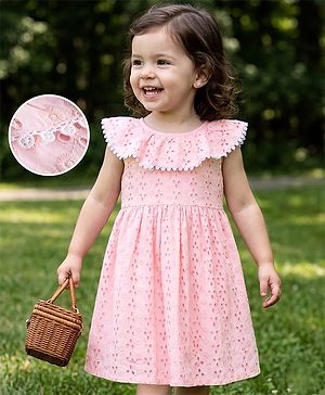 Babyhug Schiffili 100% Cotton Woven Sleeveless Flared One Peice Frock With Floral Detailing & Embroidery - Pink