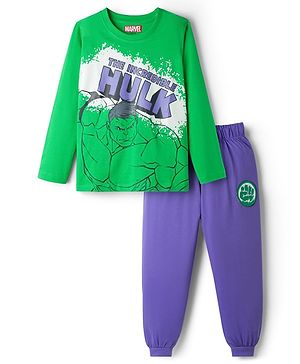 Babyhug Disney 100% Cotton Knit Full Sleeves T-Shirt & Pyjama Night Suit With Hulk Graphic - Green & Purple