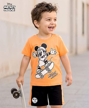 Babyhug Disney Single Jersey Knit Half Sleeves T-Shirt & Shorts Set With Mickey Mouse Graphics - Multicolor