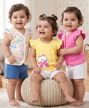 Babyhug 100% Cotton Knit Antibacterial Sleeveless Jhablas With Cat Bow & Polka Dot Print Pack of 3 - Multicolor