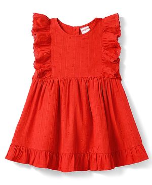 Babyhug Cotton Woven One Piece Frocks Frill Sleeves Round Neck Red 3-6 Months