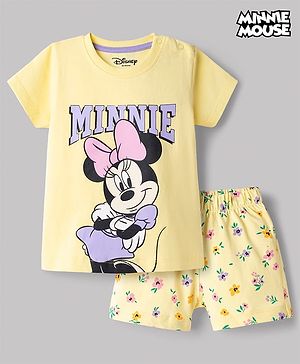 Babyhug Disney Single Jersey Knit Half Sleeves T-Shirt & Shorts Set with Minnie Mouse Graphics - Yellow