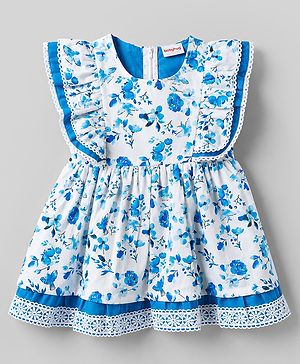 Babyhug Cotton Woven One Piece Dresses Frill Sleeves Floral Print White 6-9 Months