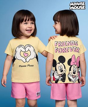Babyhug Disney Single Jersey Knit Half Sleeves T-shirt & Denim Shorts With Minnie Mouse Graphic - Yellow