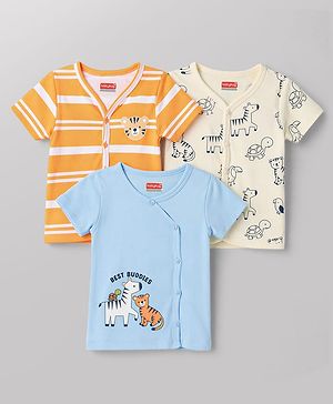 Babyhug 100% Cotton Knit Antibacterial Half Sleeves Jhablas with Zebra & Tiger Print Pack of 3 - Multicolor