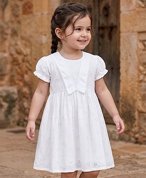 Babyhug Schiffli Woven Half Sleeves Frock with Eyelet Embroidery - White