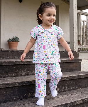 Babyhug Cotton Knit Half Sleeves Co-Ord Top & Capri Set Printed Night-Suit - White
