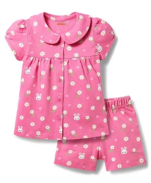 Babyhug Cotton Knit Half Sleeves Top
                              & Shorts Co-ord Night Suit with Floral
                              Print - Pink