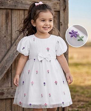 Babyhug Mesh Knit half Sleeves Floral Embroidered Frock With Bow Applique - White