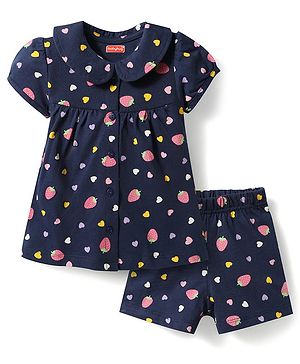 Babyhug Cotton Knit Half Sleeves Strawberry & Hearts Printed Co-Ords Top & Shorts Night Suit - Navy Blue