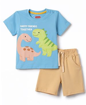 Babyhug 100% Cotton Knit Half Sleeves Dino Printed T-Shirt & Shorts Set - Light Blue & Beige