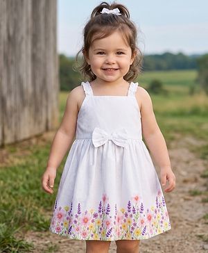 Babyhug Satin Woven Sleeveless Frock With Floral Print & Bow Applique - White