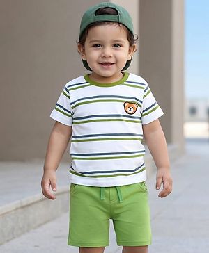 Babyhug Single Jersey Knit Half Sleeves Striped T-Shirt & Shorts Set with Bear Embroidery - Green