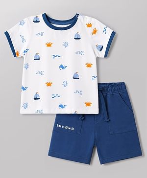 Babyhug Single Jersey Knit Half Sleeves T-Shirt & Shorts With Sea Life Print - White & Navy Blue