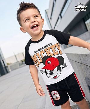 Babyhug Disney Single Jersey Knit Half Sleeves Raglan T-shirt & Shorts With Mickey Mouse Graphic - Black & White