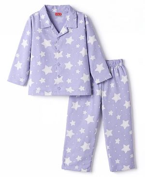 Babyhug Cotton Knit Full Sleeves Co-Ord Shirt & Pyjama Night-Suit With Star Print- Purple