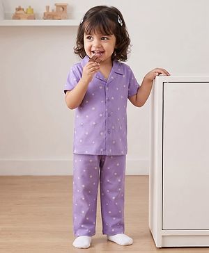 Babyhug Cotton Knit Half Sleeves Co-Ord Shirt & Pyjama Night-Suit With Star Print - Purple