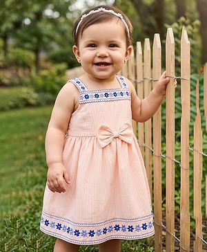 Babyhug 100% Cotton Woven Sleeveless Striped & Floral Embroidered Frock With Bloomer & Bow Applique - Cream