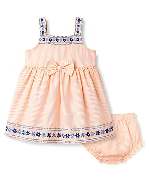 Babyhug Cotton Woven Sleeveless
                                  Striped & Floral Embroidered Frock
                                  With Bloomer & Bow Applique -
                                  Cream